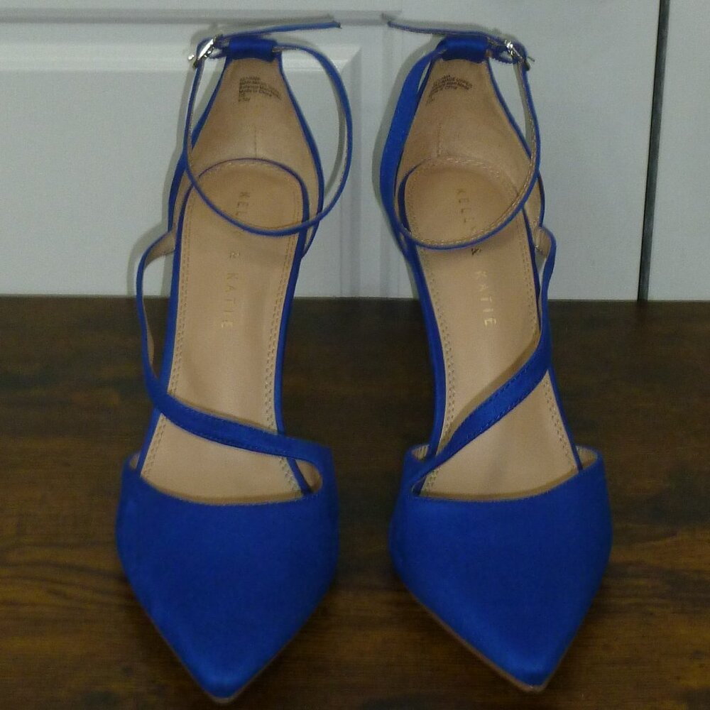 Kelly & Katie Bright Blue Pointed Closed Toe Pumps w/Adjustable Ankle Straps - Picture 4 of 16